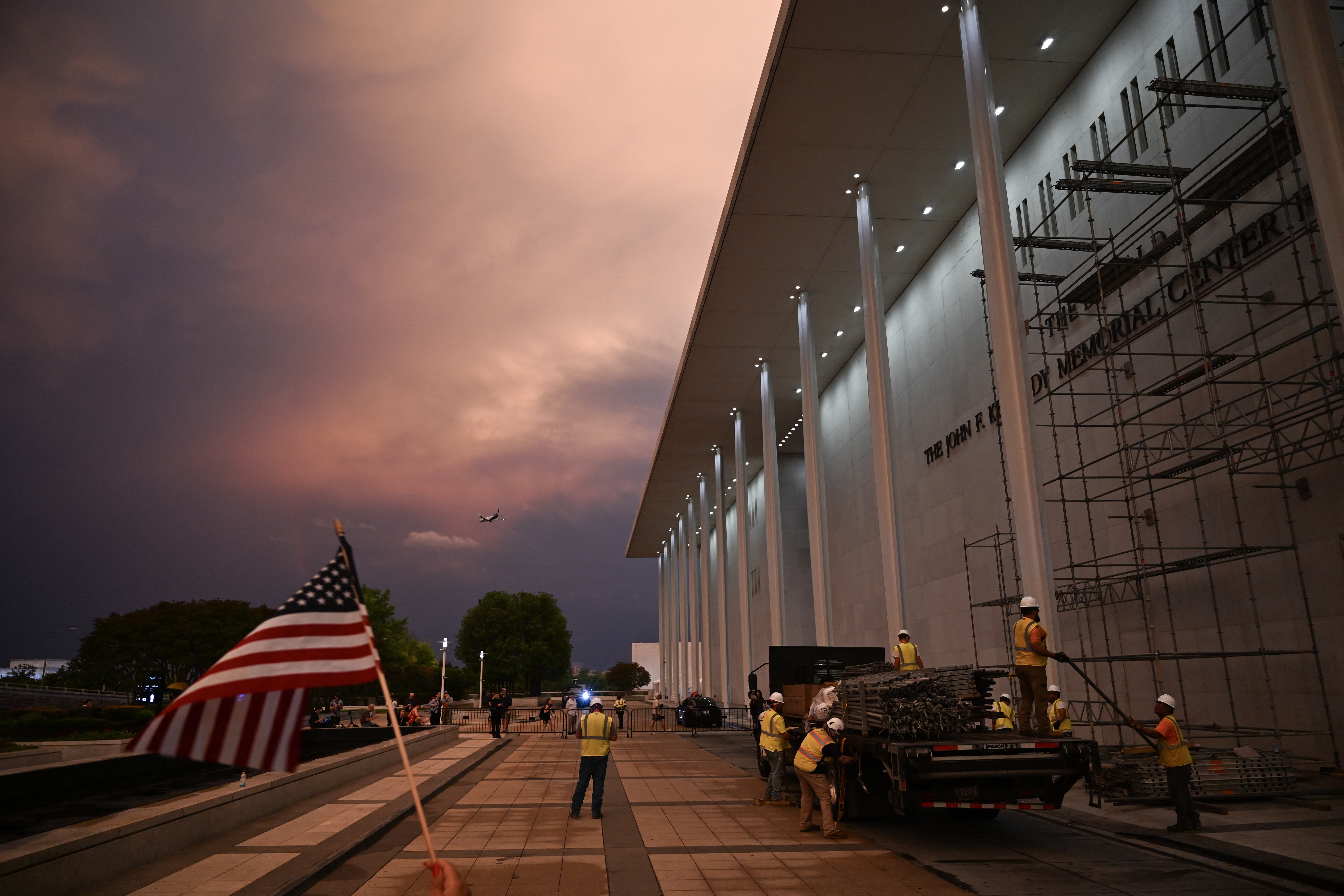 Workers build scaffolding on The Kennedy Center on June 12, 2026.